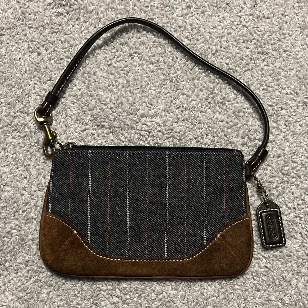 Coach Vintage Denim Blue Pinstripe Wristlet with Brown Suede Bottom and Hangtag